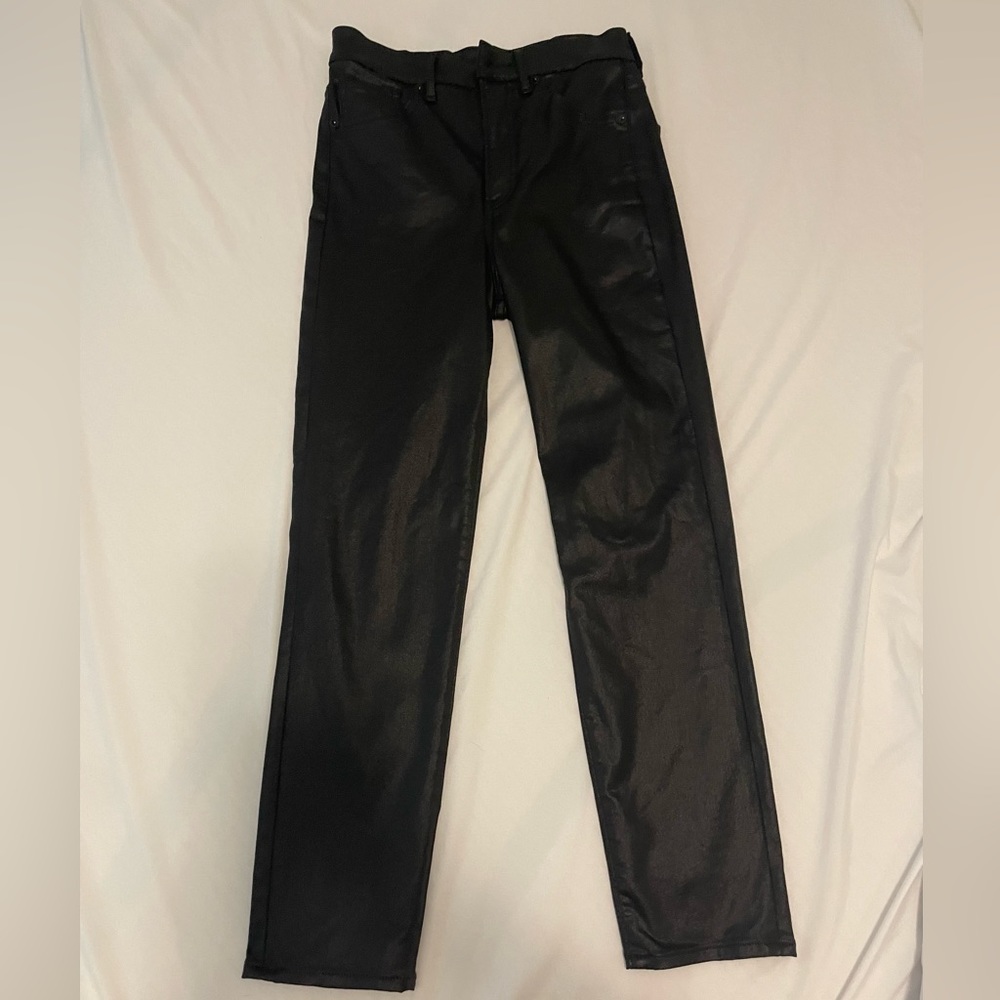 High Waisted Metallic Coated Straight Leg Jeans